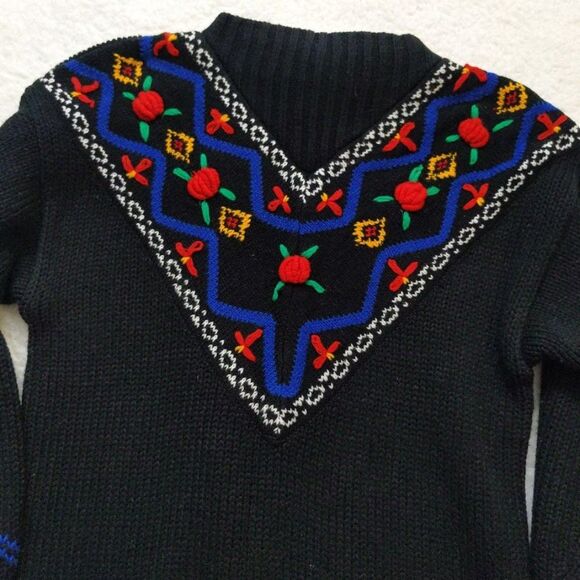 Vintage 1980s Design Zone Knit Sweater Roses Floral Mock Neck Black Size Small - Picture 3 of 7